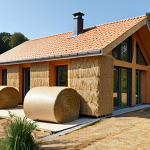 **Image Prompt:** A modern eco-friendly house constructed with straw bales in the Nantes region of France, showcasing its thermal comfort and warm atmosphere. Exterior shot during a sunny day. Focus on the natural materials and innovative design, typical French countryside in the background.