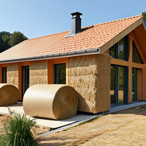 Home 4 **Image Prompt:** A modern eco-friendly house constructed with straw bales in the Nantes region of France, showcasing its thermal comfort and warm atmosphere. Exterior shot during a sunny day. Focus on the natural materials and innovative design, typical French countryside in the background.