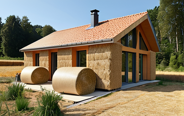 **Image Prompt:** A modern eco-friendly house constructed with straw bales in the Nantes region of France, showcasing its thermal comfort and warm atmosphere. Exterior shot during a sunny day. Focus on the natural materials and innovative design, typical French countryside in the background.